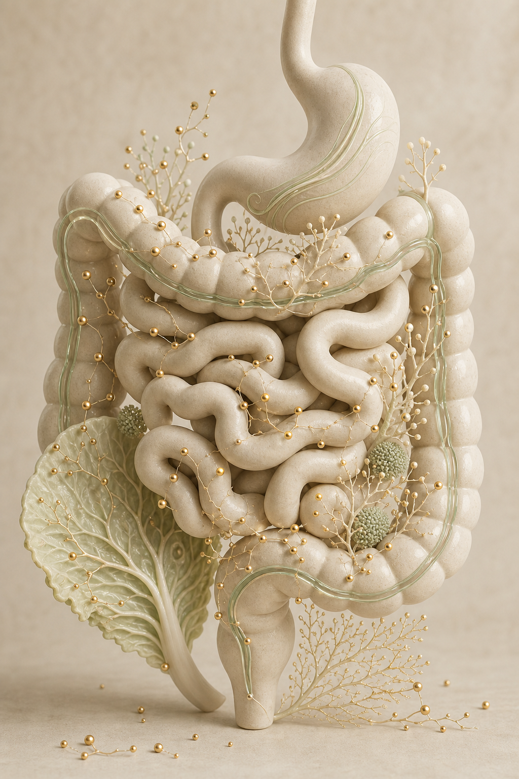 Abstract cream sculpture of the digestive tract dusted with golden microbes